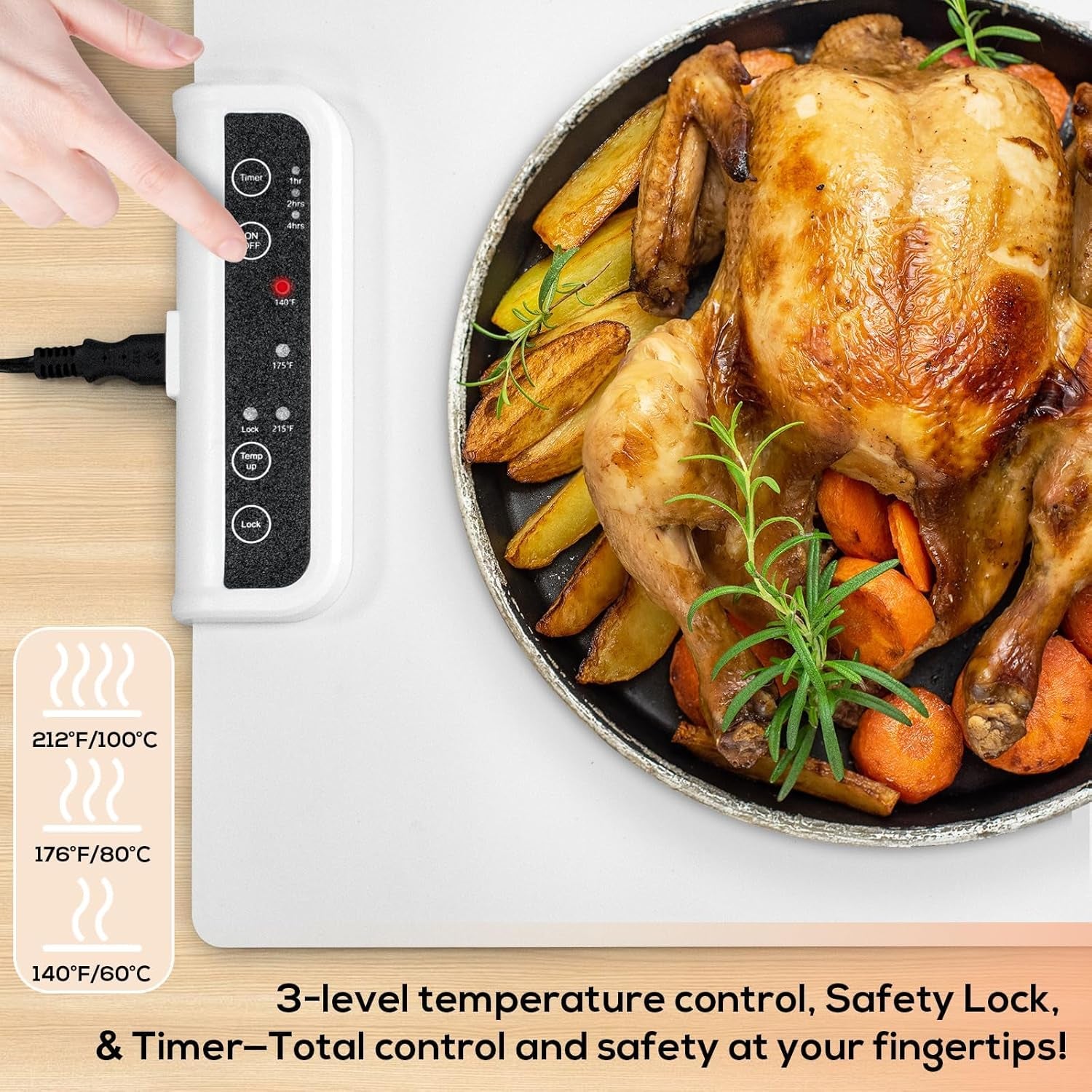 Electric Warming Tray with Detachable Power Plug, Full Surface Heating, Nano Silicone Material, 3 Temperature Settings - Ideal for Buffets, Home Parties, and Dinners (White)