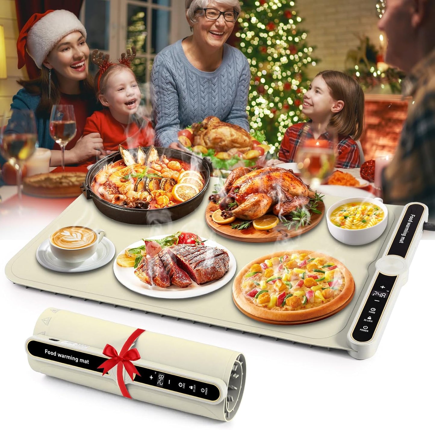 Premium Electric Warming Tray with Detachable Power Plug - Full Surface Heating and Nano Silicone Material with 3 Temperature Settings for Buffets, Home Parties, and Dinners (White)