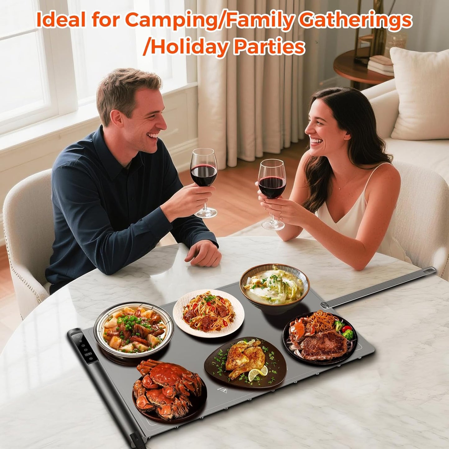 Premium Electric Warming Tray with Detachable Power Plug - Full Surface Heating and Nano Silicone Material with 3 Temperature Settings for Buffets, Home Parties, and Dinners (White)